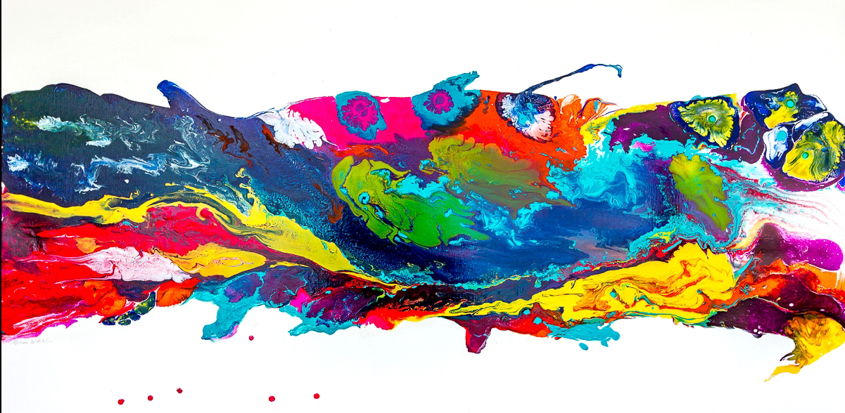 Multi-colored abstract painting of colors swirled together on a horizontal field of white.