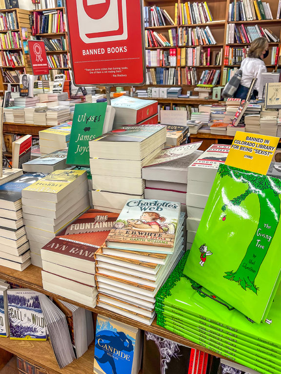 A table showing the banned books at The Strand bookstore