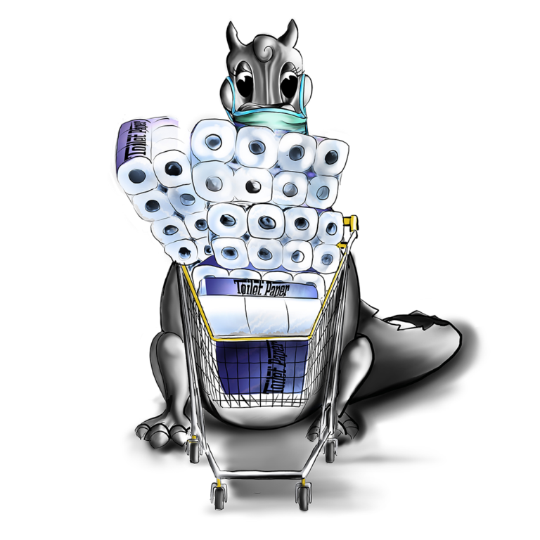 dragon pushing a shopping cart full of toilet paper