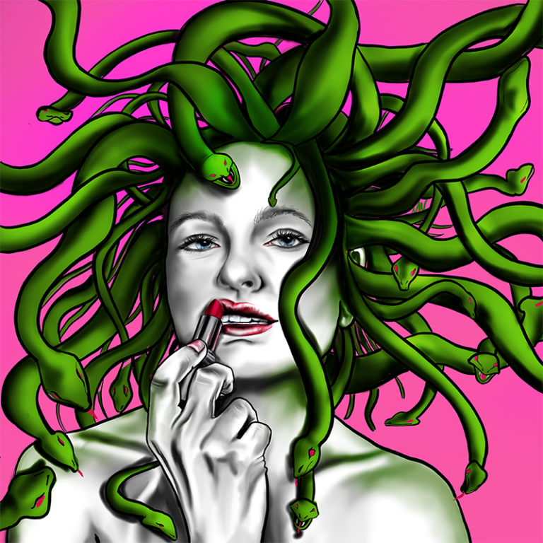 Medusa putting on lipstick editorial illustration perfect for Tinder