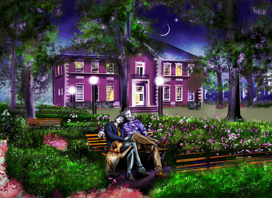 Love is sitting on a bench in the moonlight