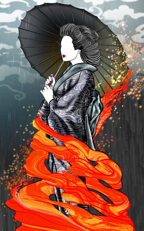 Geisha standing in the rain with fire wrapped around her
